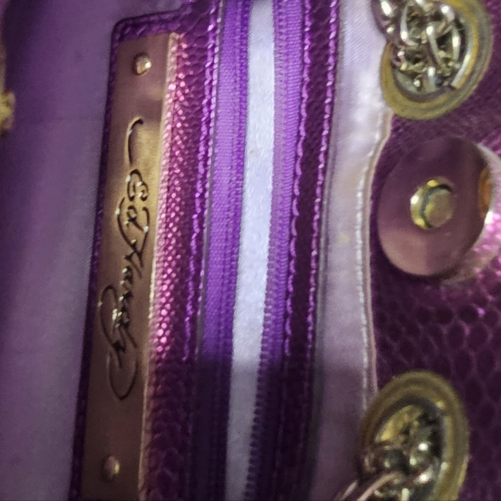 Ed Hardy Purple satin handbag with chain handles and Oriental Floral Print - Picture 5 of 6
